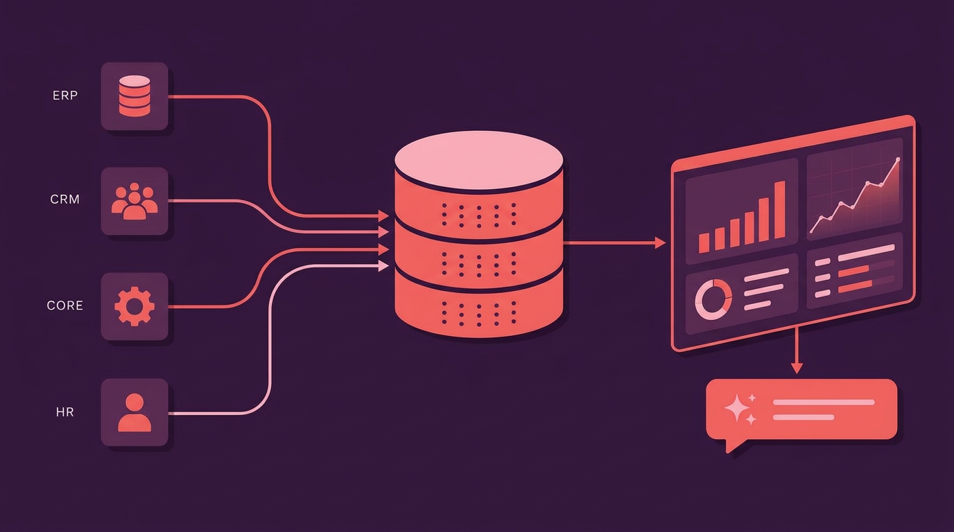 Data from ERP, CRM, core systems and HR centralised into one data platform, feeding BI dashboards and AI answers