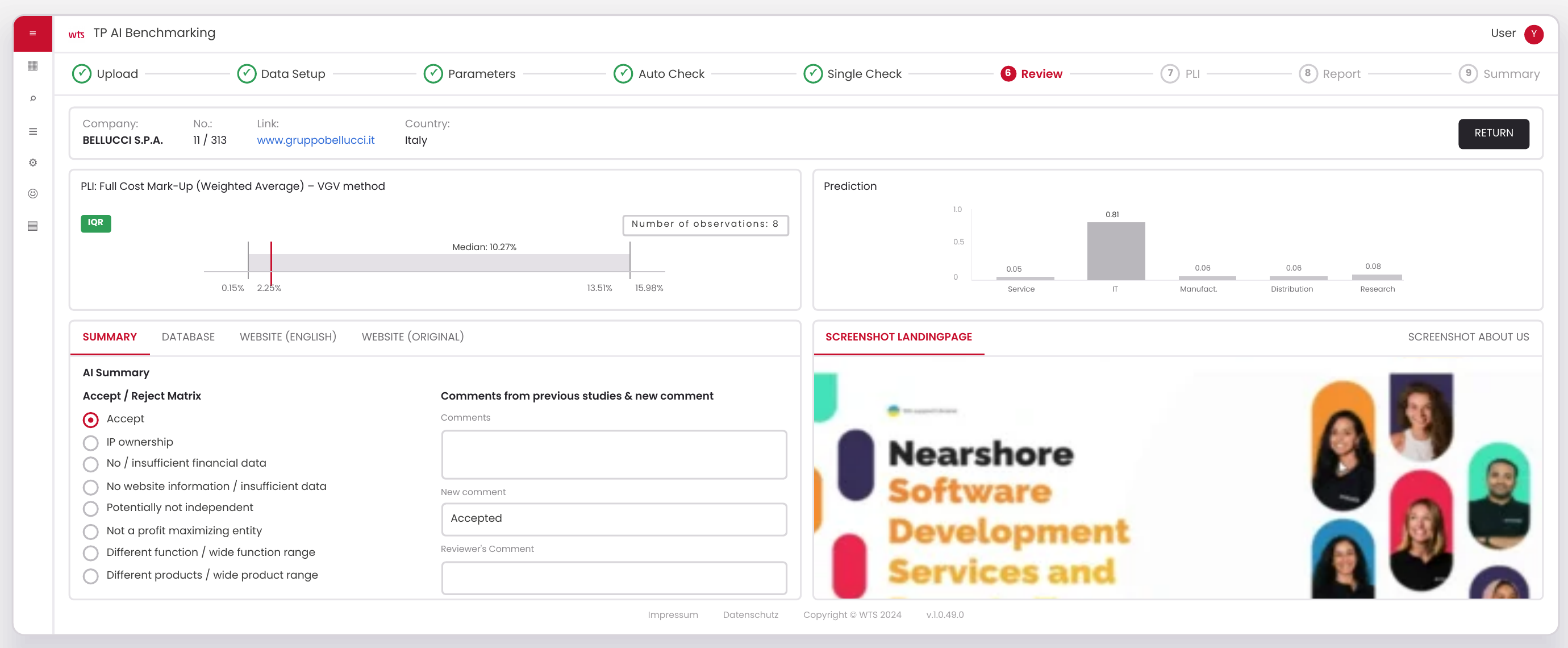 The analyst review workspace — AI-classified comparables, the arm's-length range, and the accept/reject matrix.